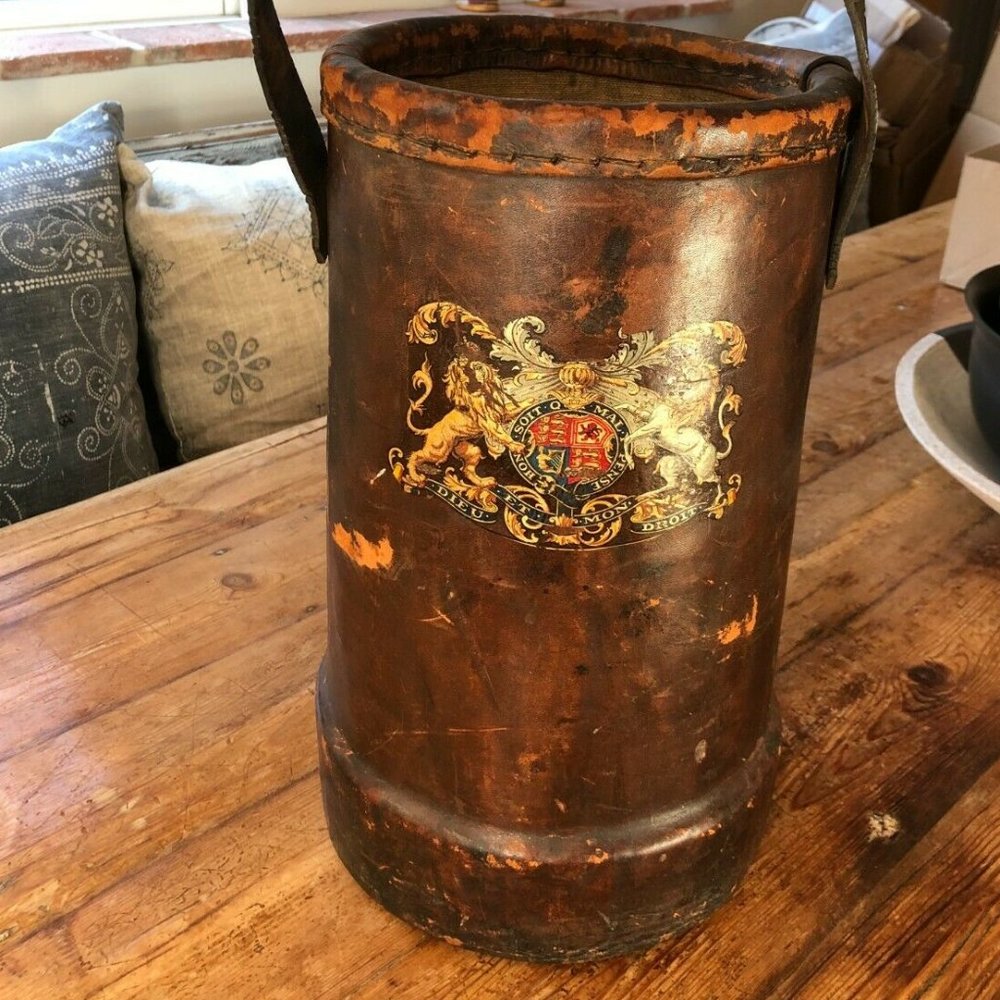 ANTIQUE LEATHER FIRE BUCKET BRITISH MILITARY AMMUNITION W/CREST LARGE GORGEOUS